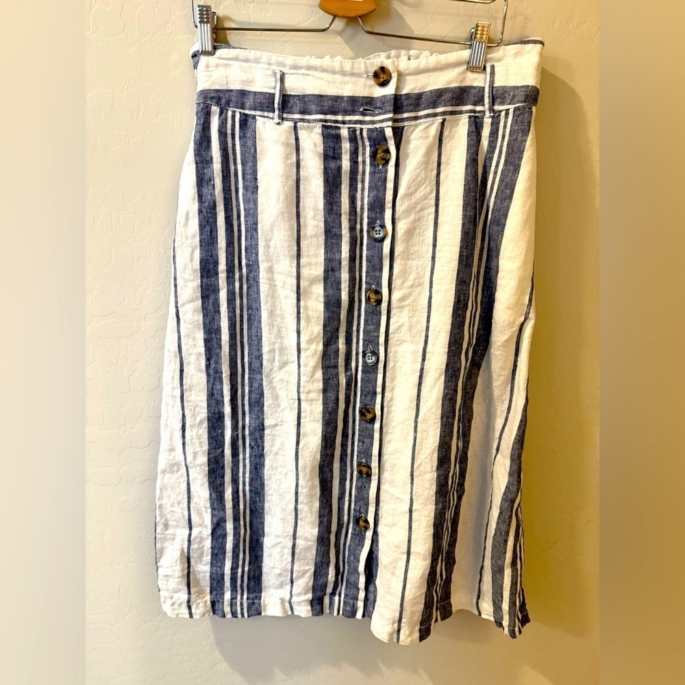 C&C California 100% Linen Blue & White Stripe Midi Skirt | Button Front | Size M